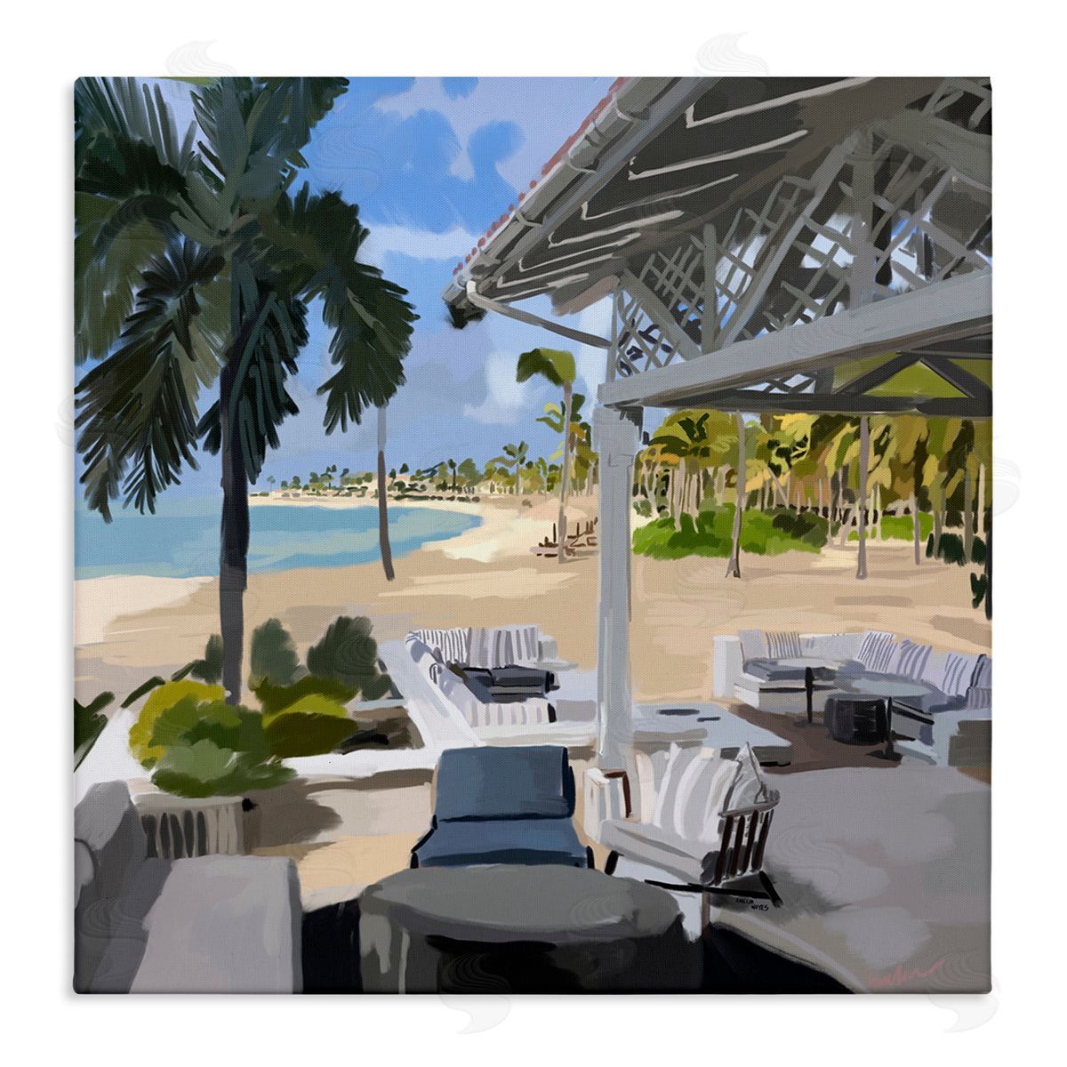 Amelia Noyes Tropical Ocean Pergola Patio Lush Palm Trees Stretched Canvas Wall Art Print