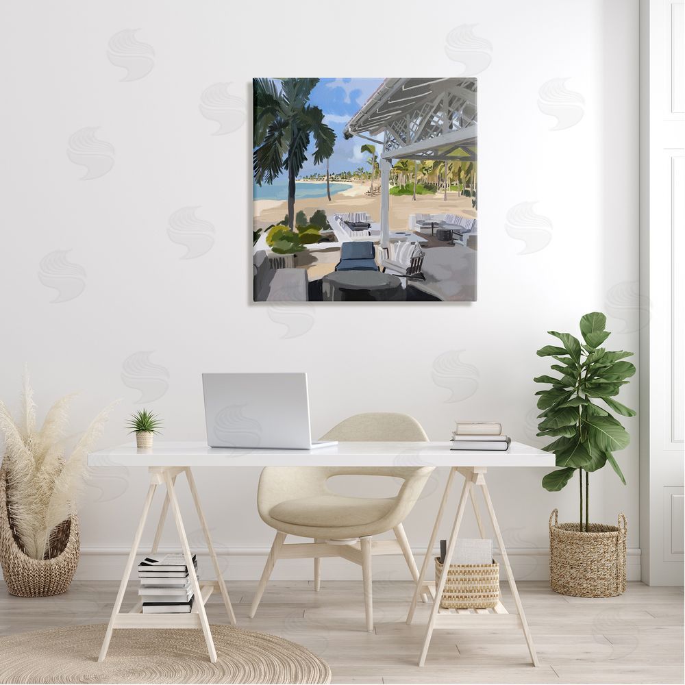 Amelia Noyes Tropical Ocean Pergola Patio Lush Palm Trees Canvas Wall Art in Room