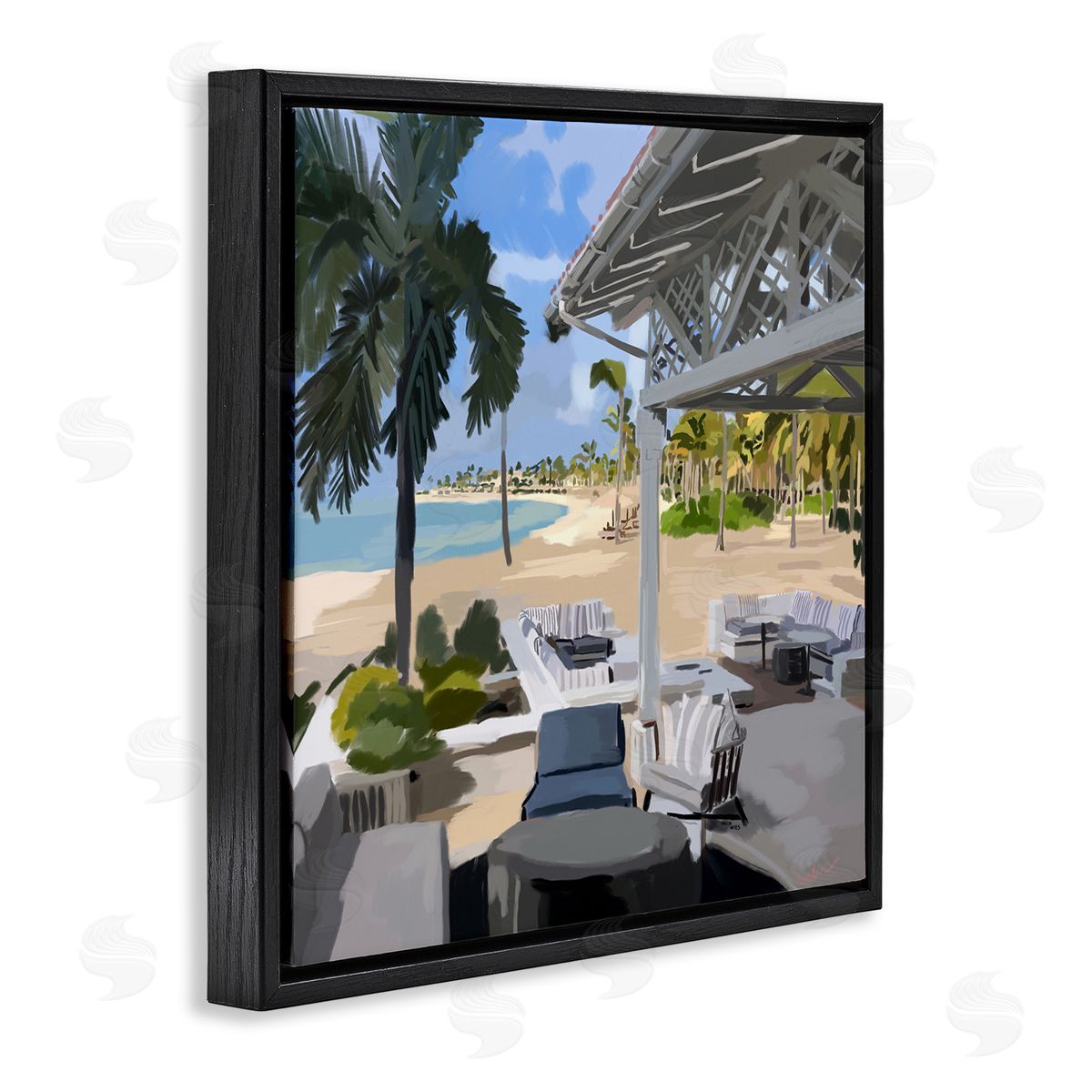 Amelia Noyes Tropical Ocean Pergola Patio Lush Palm Trees Black Floating Frame Canvas Wall Art Print
