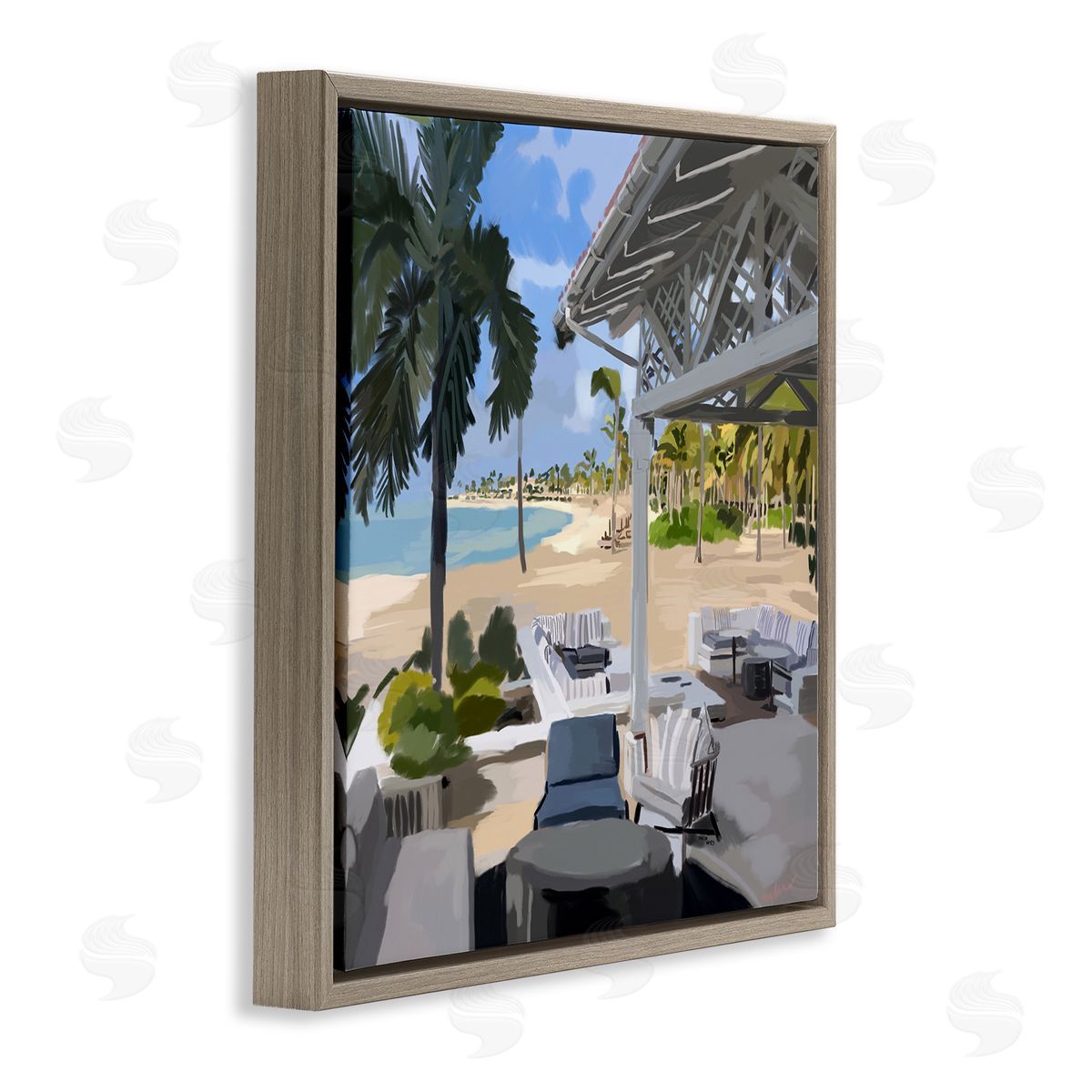 Amelia Noyes Tropical Ocean Pergola Patio Lush Palm Trees Brown Floating Frame Canvas Wall Art Print