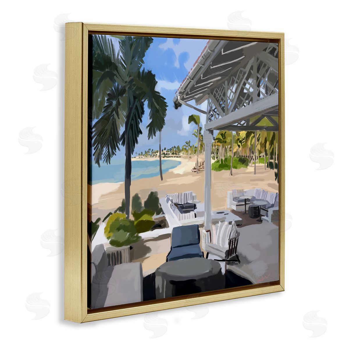 Amelia Noyes Tropical Ocean Pergola Patio Lush Palm Trees Gold Floating Frame Canvas Wall Art Print