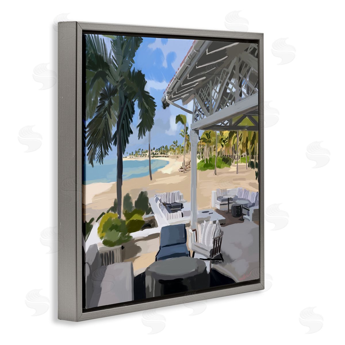 Amelia Noyes Tropical Ocean Pergola Patio Lush Palm Trees Gray Floating Frame Canvas Wall Art Print