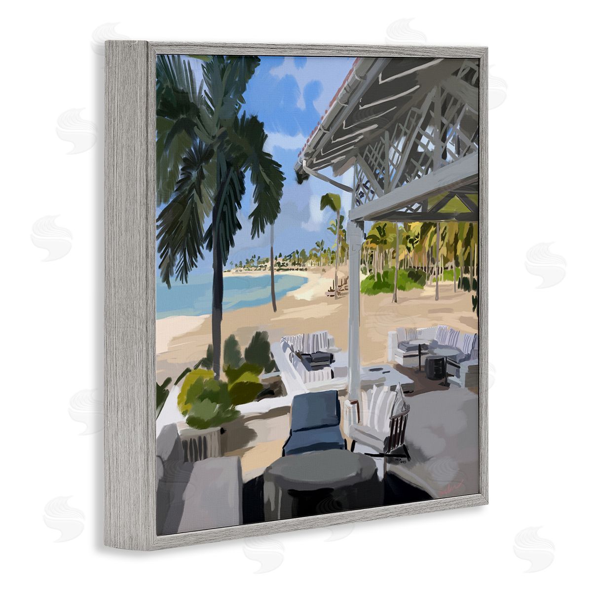 Amelia Noyes Tropical Ocean Pergola Patio Lush Palm Trees Gray Framed Glicee Wall Art Print