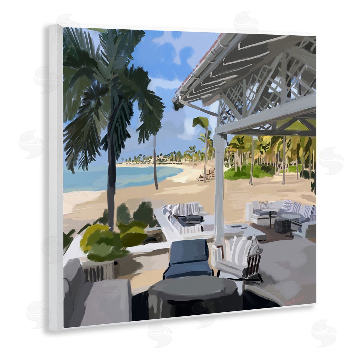 Amelia Noyes Tropical Ocean Pergola Patio Lush Palm Trees Wooden Wall Plaque Art Print