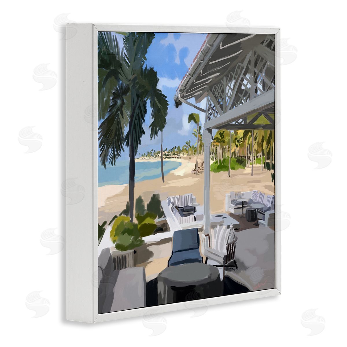Amelia Noyes Tropical Ocean Pergola Patio Lush Palm Trees White Framed Glicee Wall Art Print