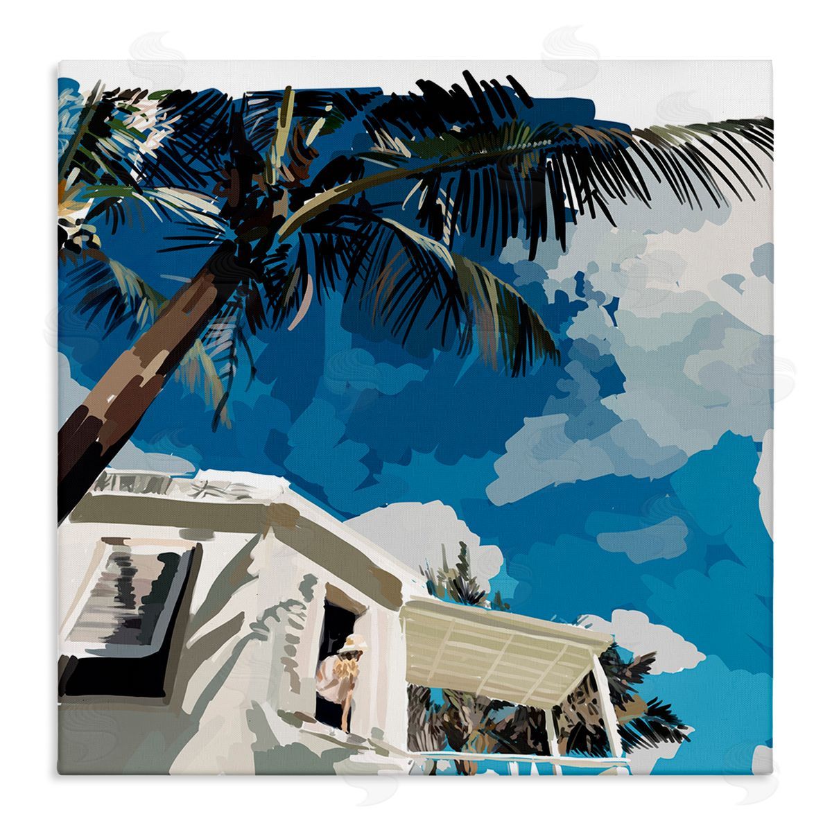 Amelia Noyes Tropical Summer Cottage Girl Clear Blue Sky  Stretched Canvas Wall Art Print