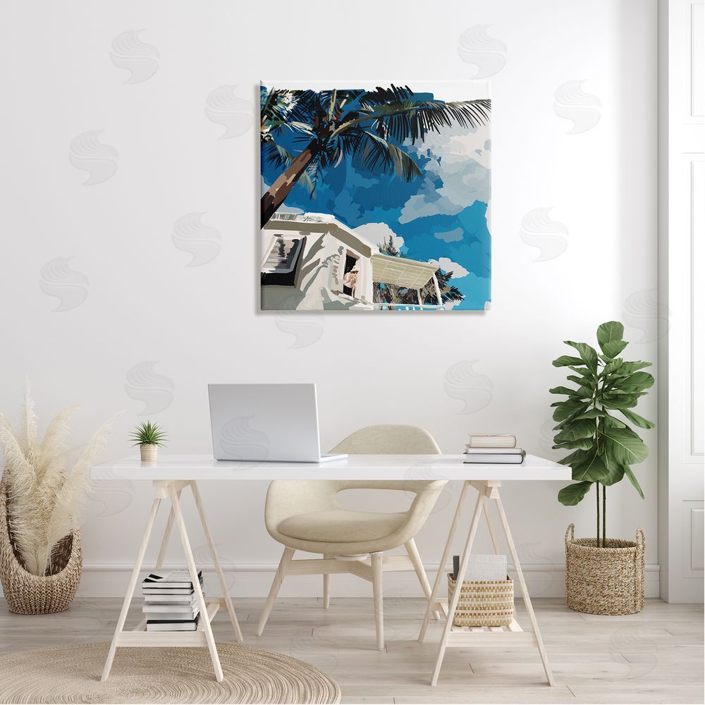 Amelia Noyes Tropical Summer Cottage Girl Clear Blue Sky  Canvas Wall Art in Room
