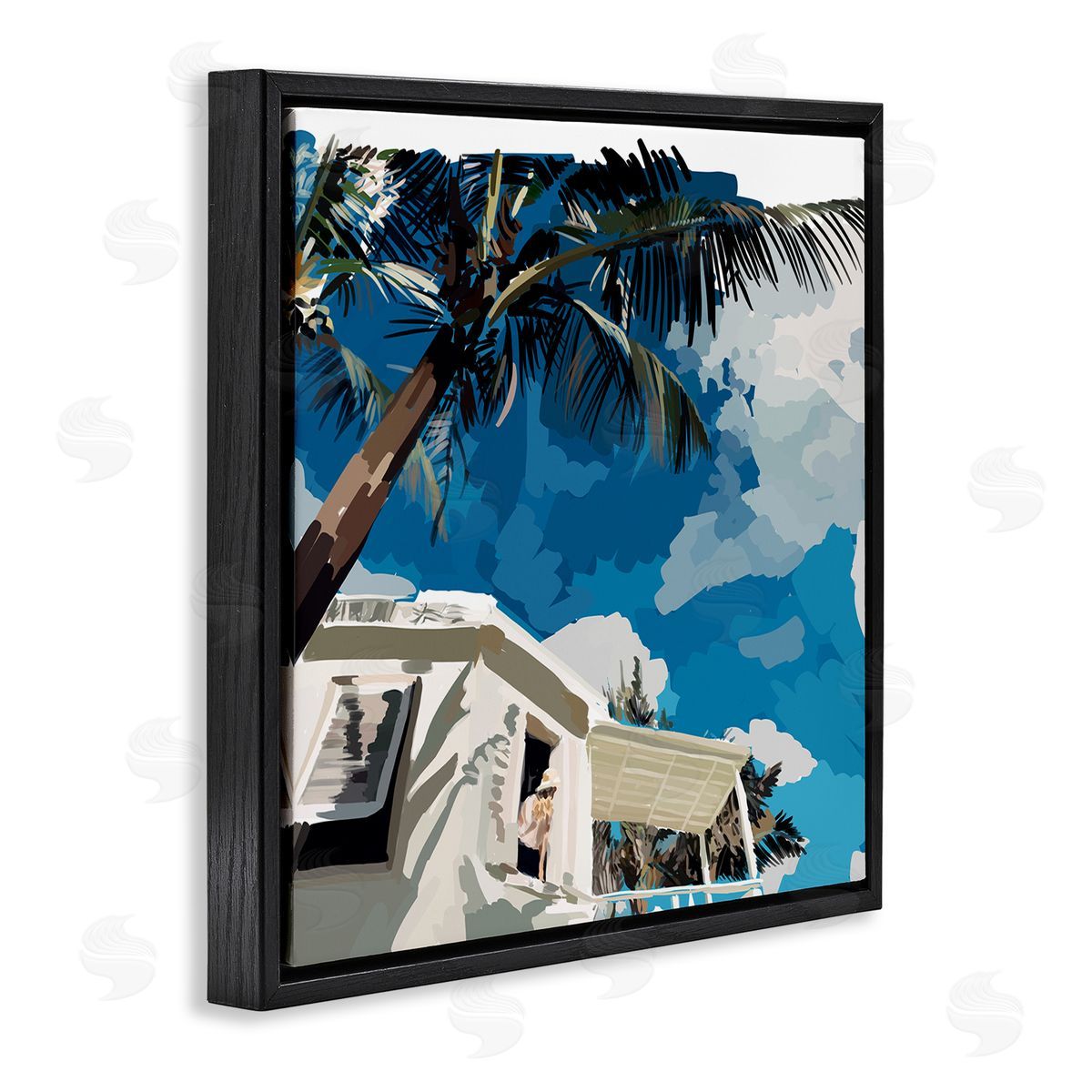 Amelia Noyes Tropical Summer Cottage Girl Clear Blue Sky  Black Floating Frame Canvas Wall Art Print