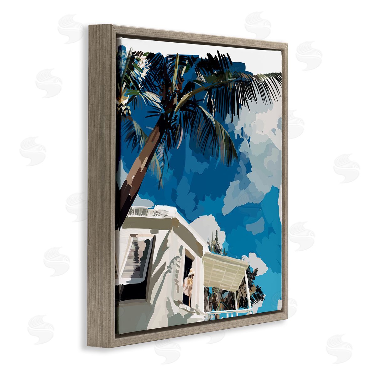 Amelia Noyes Tropical Summer Cottage Girl Clear Blue Sky  Brown Floating Frame Canvas Wall Art Print