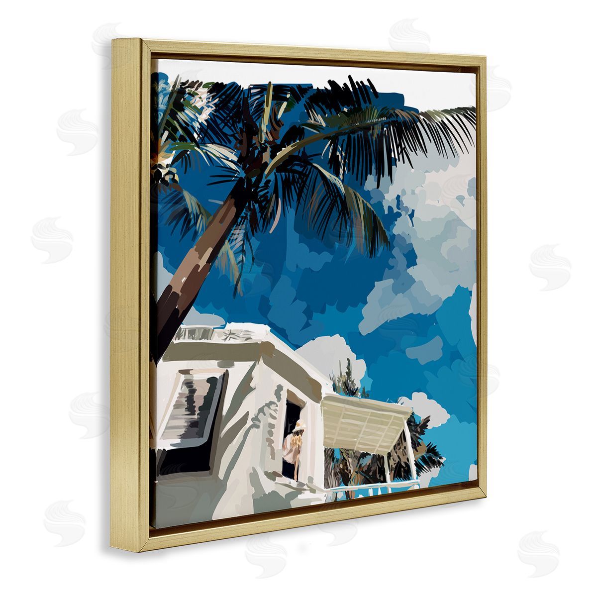Amelia Noyes Tropical Summer Cottage Girl Clear Blue Sky  Gold Floating Frame Canvas Wall Art Print