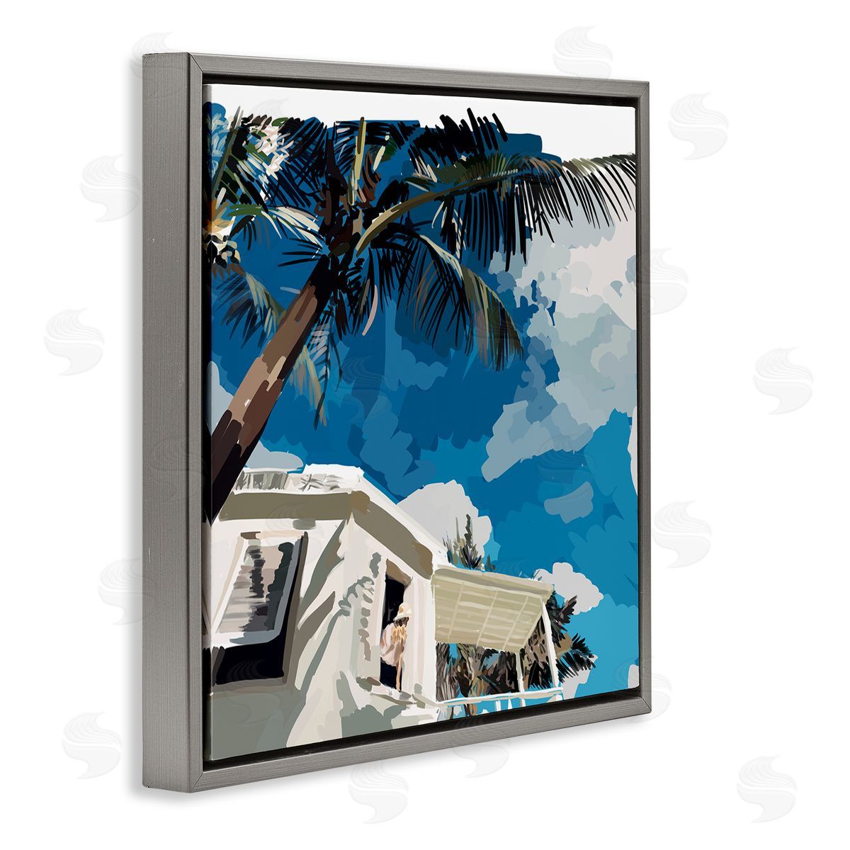 Amelia Noyes Tropical Summer Cottage Girl Clear Blue Sky  Gray Floating Frame Canvas Wall Art Print