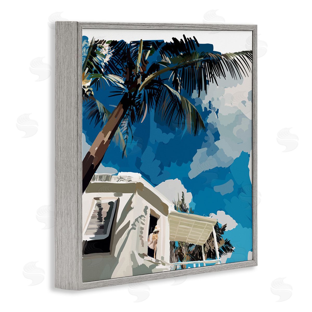 Amelia Noyes Tropical Summer Cottage Girl Clear Blue Sky  Gray Framed Glicee Wall Art Print
