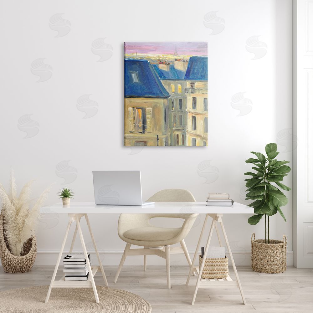 JG Studios Cozy Urban City Neighborhood Pink Sunset Sky Canvas Wall Art Print in Room