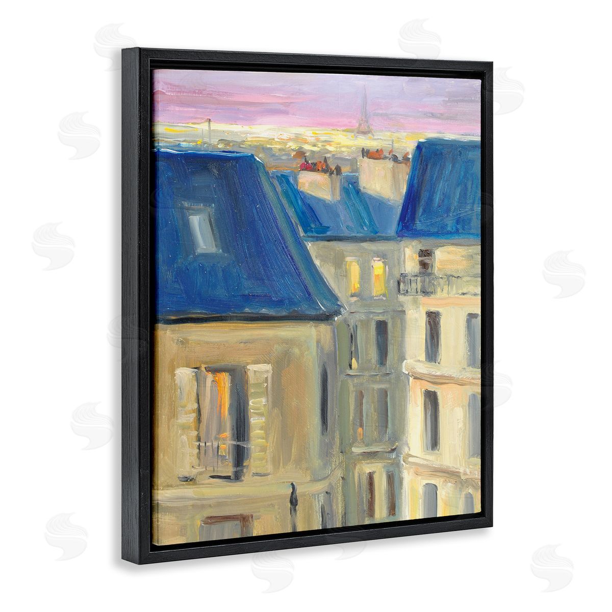 JG Studios Cozy Urban City Neighborhood Pink Sunset Sky Black Floating Frame Canvas Wall Art Print