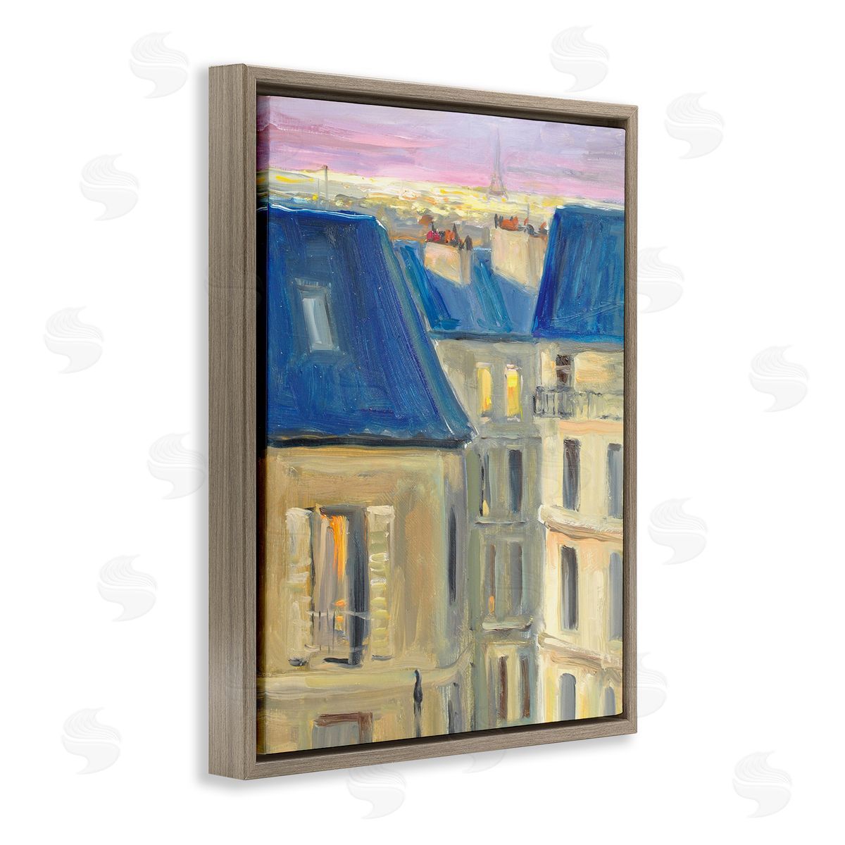 JG Studios Cozy Urban City Neighborhood Pink Sunset Sky Brown Floating Frame Canvas Wall Art Print