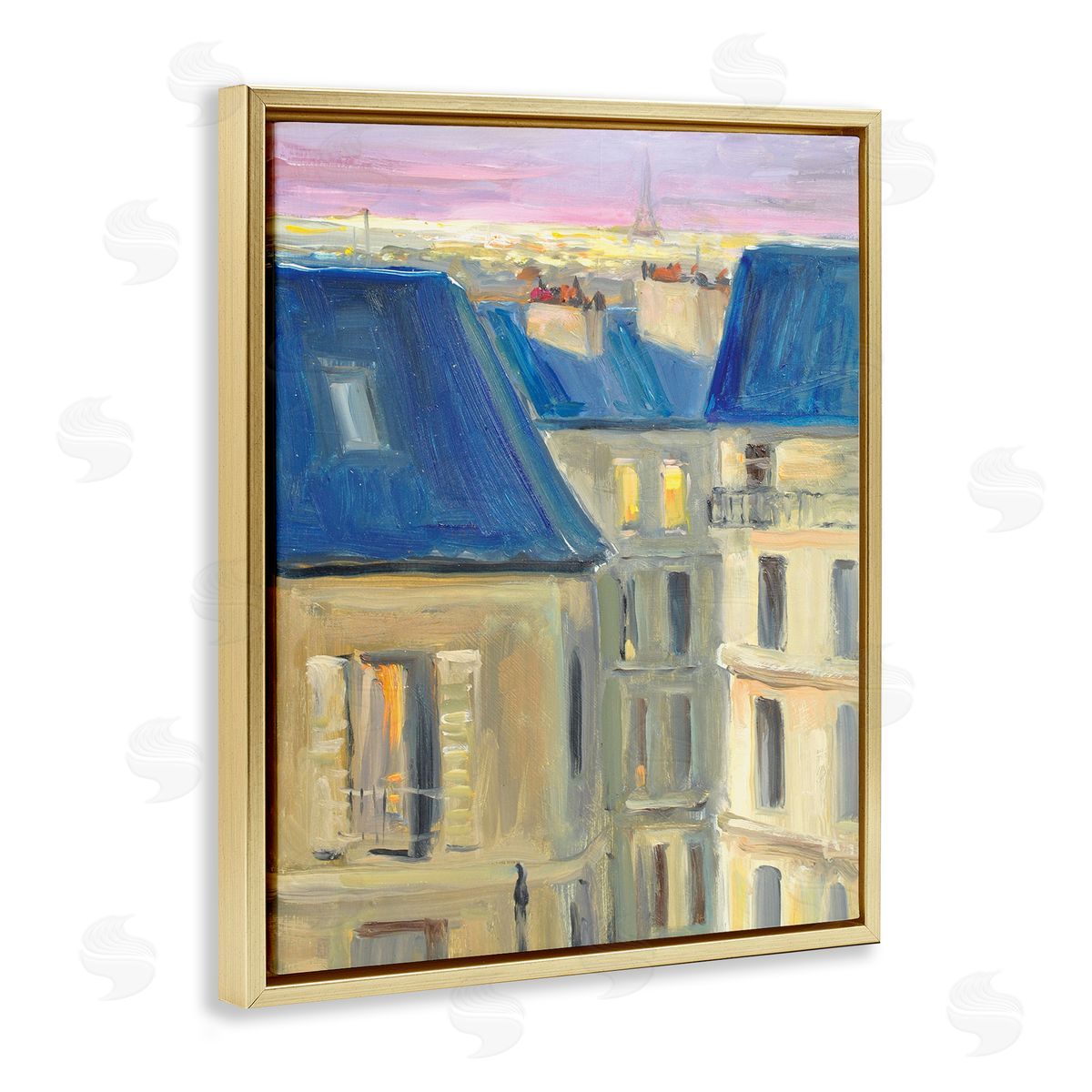 JG Studios Cozy Urban City Neighborhood Pink Sunset Sky Gold Floating Frame Canvas Wall Art Print