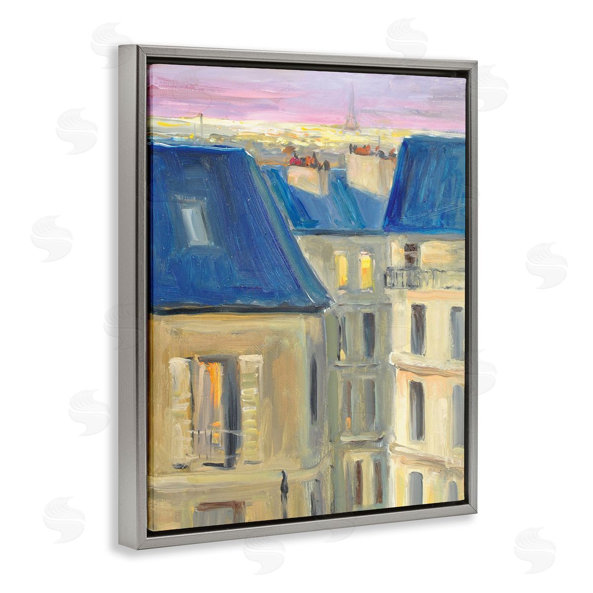 JG Studios Cozy Urban City Neighborhood Pink Sunset Sky Gray Floating Frame Canvas Wall Art Print