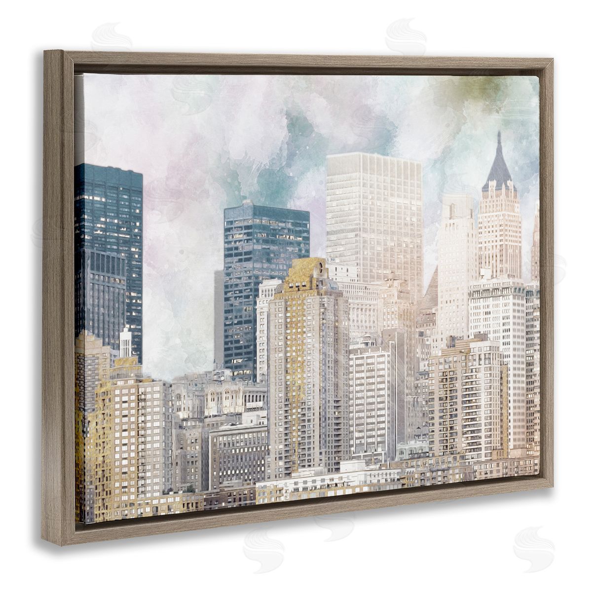 Marcus Prime Layered Pastel Cityscape Buildings City Skyline Architecture Brown Floating Frame Canvas Wall Art Print