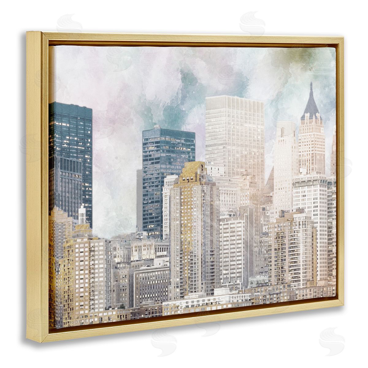 Marcus Prime Layered Pastel Cityscape Buildings City Skyline Architecture Gold Floating Frame Canvas Wall Art Print