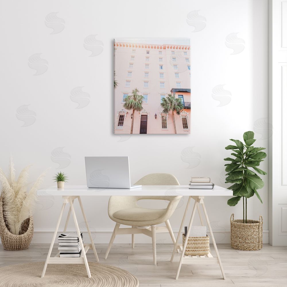 Jennifer Rigsby Tropical Pink Vacation Building Summer Palm Trees Canvas Wall Art Print in Room
