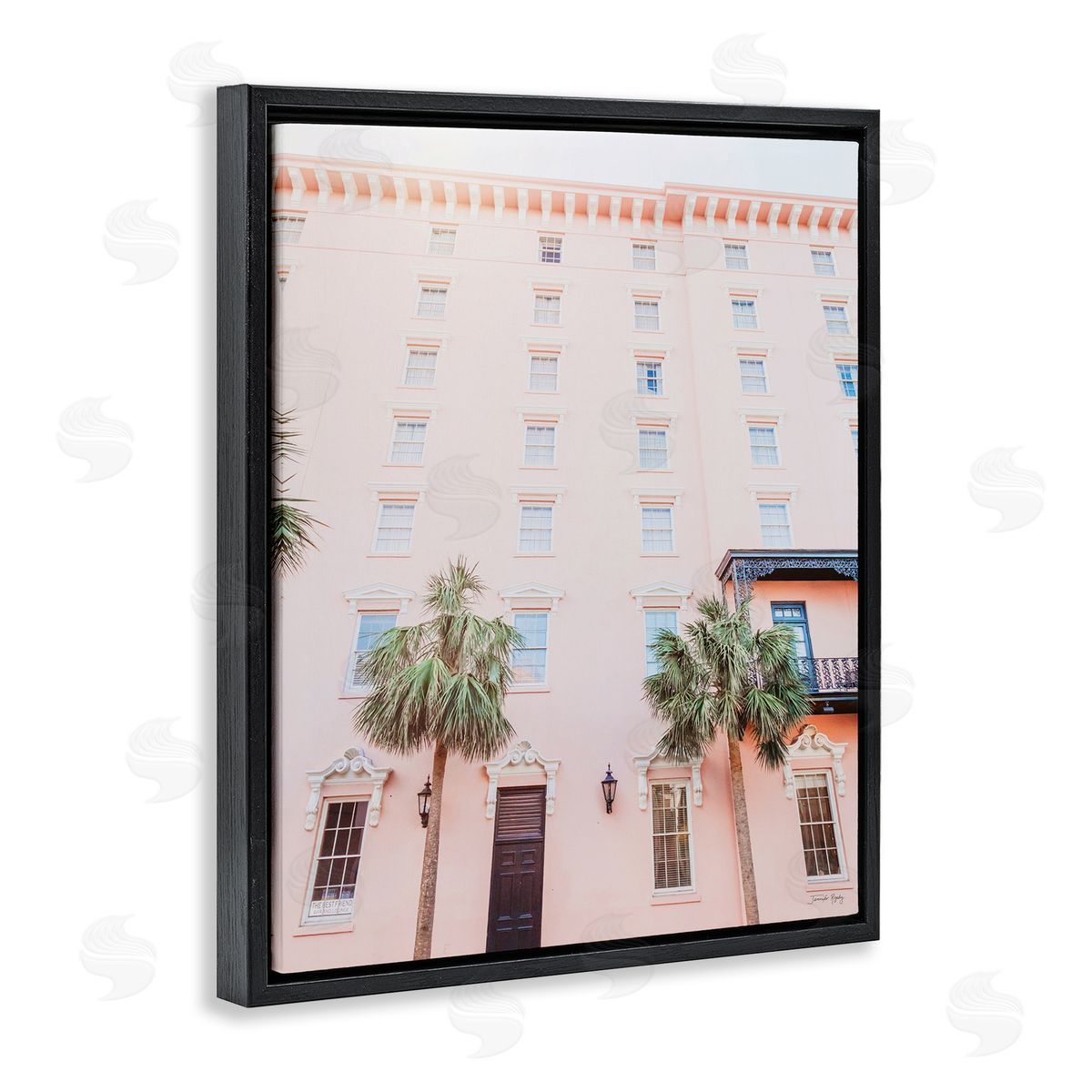 Jennifer Rigsby Tropical Pink Vacation Building Summer Palm Trees Black Floating Frame Canvas Wall Art Print