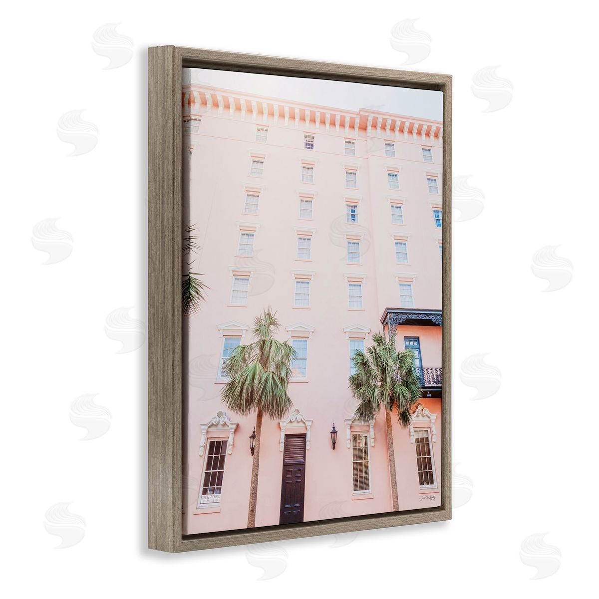 Jennifer Rigsby Tropical Pink Vacation Building Summer Palm Trees Brown Floating Frame Canvas Wall Art Print