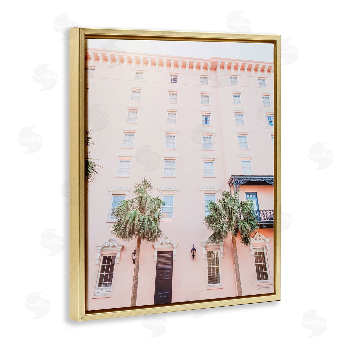 Jennifer Rigsby Tropical Pink Vacation Building Summer Palm Trees Gold Floating Frame Canvas Wall Art Print