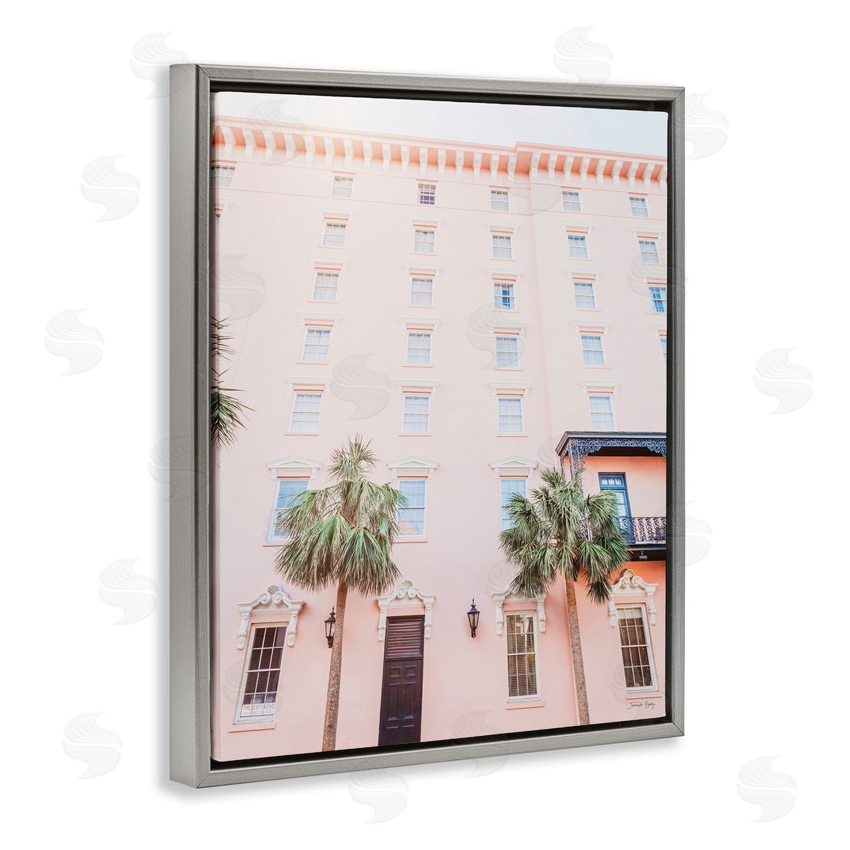 Jennifer Rigsby Tropical Pink Vacation Building Summer Palm Trees Gray Floating Frame Canvas Wall Art Print