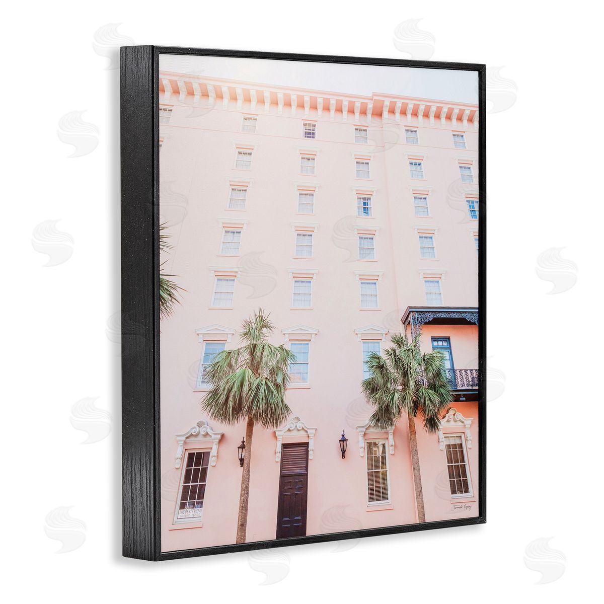 Jennifer Rigsby Tropical Pink Vacation Building Summer Palm Trees Black Framed Giclee Wall Art Print