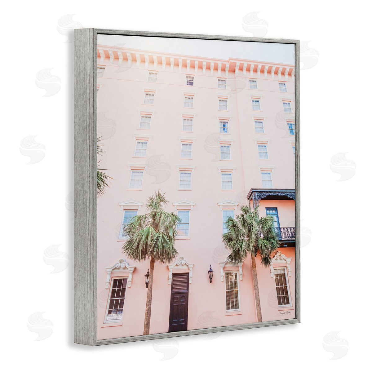 Jennifer Rigsby Tropical Pink Vacation Building Summer Palm Trees Gray Framed Giclee Wall Art Print