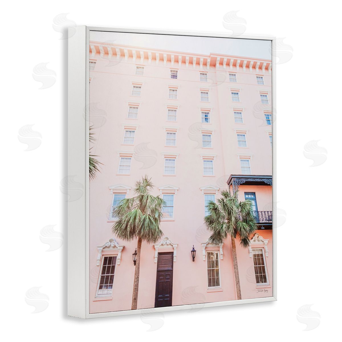 Jennifer Rigsby Tropical Pink Vacation Building Summer Palm Trees White Framed Giclee Wall Art Print