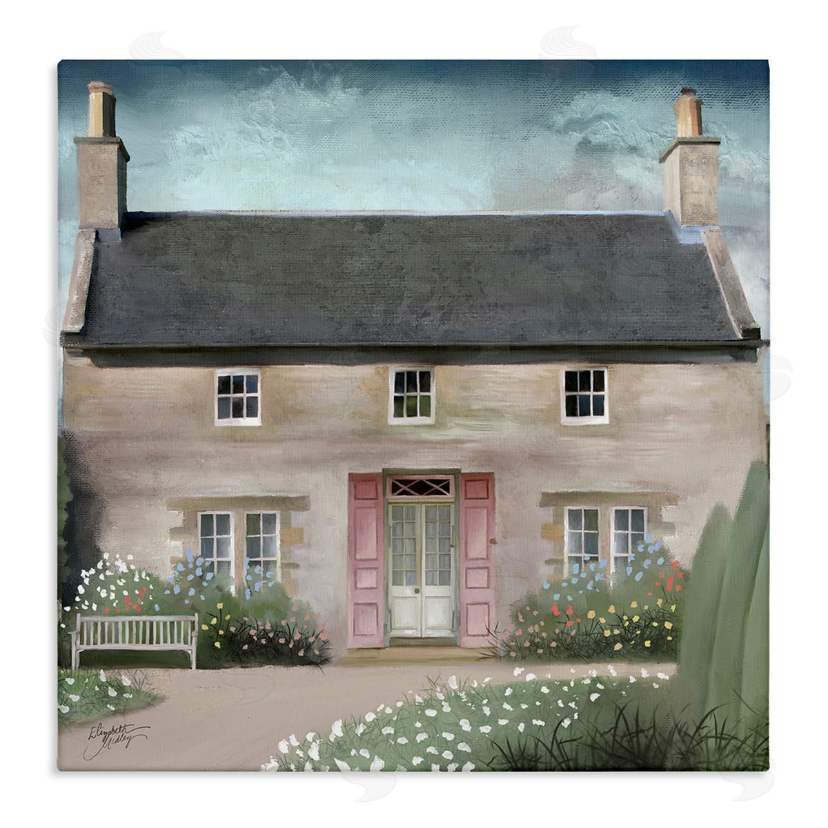 Elizabeth Medley Peaceful Rural Cottage House Blooming Flower Buds  Stretched Canvas Wall Art Print