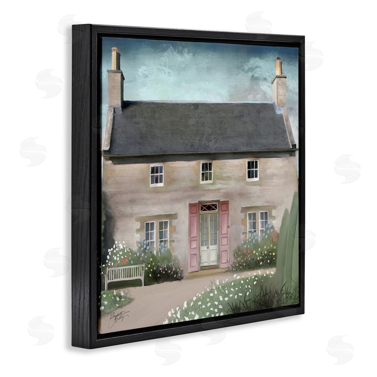 Elizabeth Medley Peaceful Rural Cottage House Blooming Flower Buds  Black Floating Frame Canvas Wall Art Print