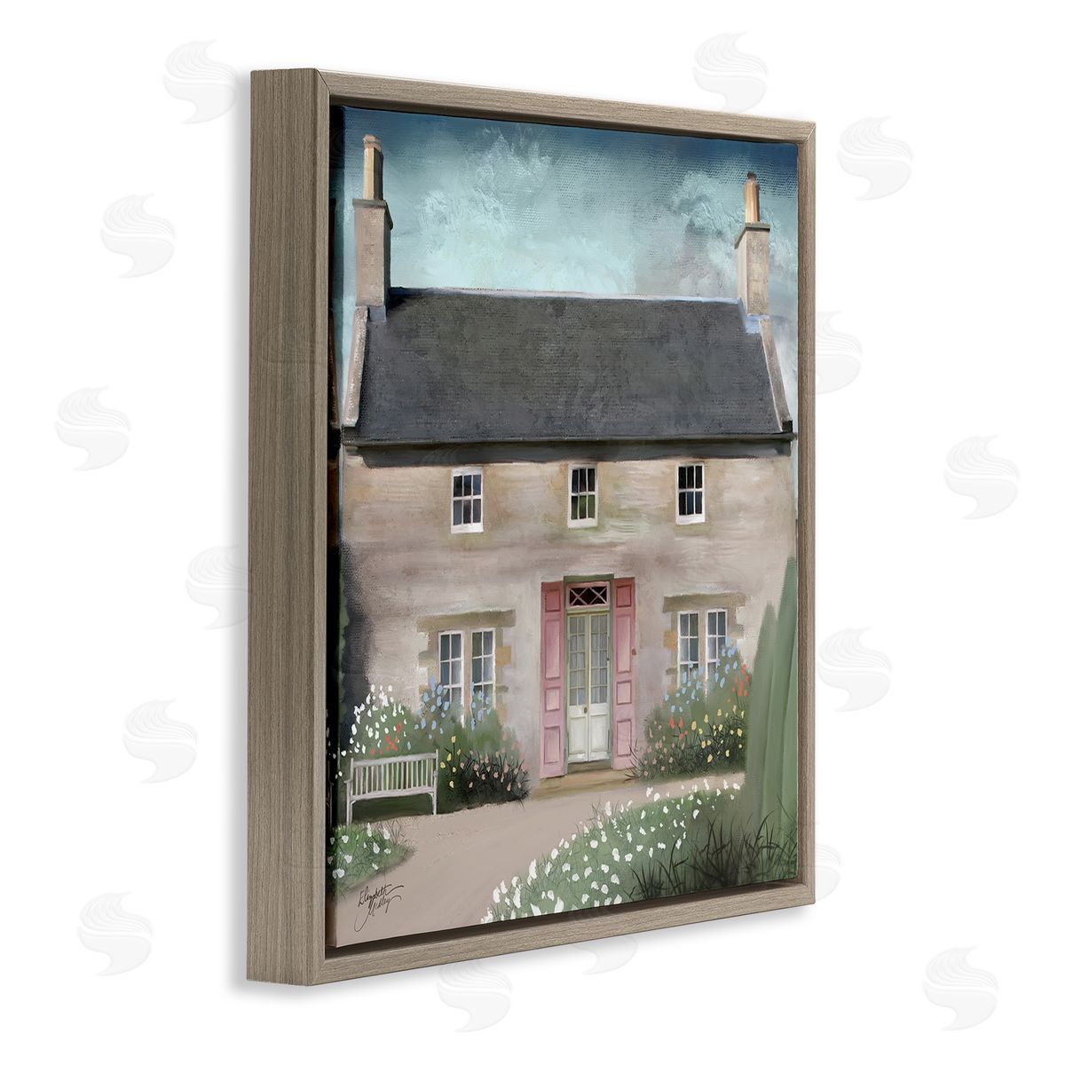 Elizabeth Medley Peaceful Rural Cottage House Blooming Flower Buds  Brown Floating Frame Canvas Wall Art Print