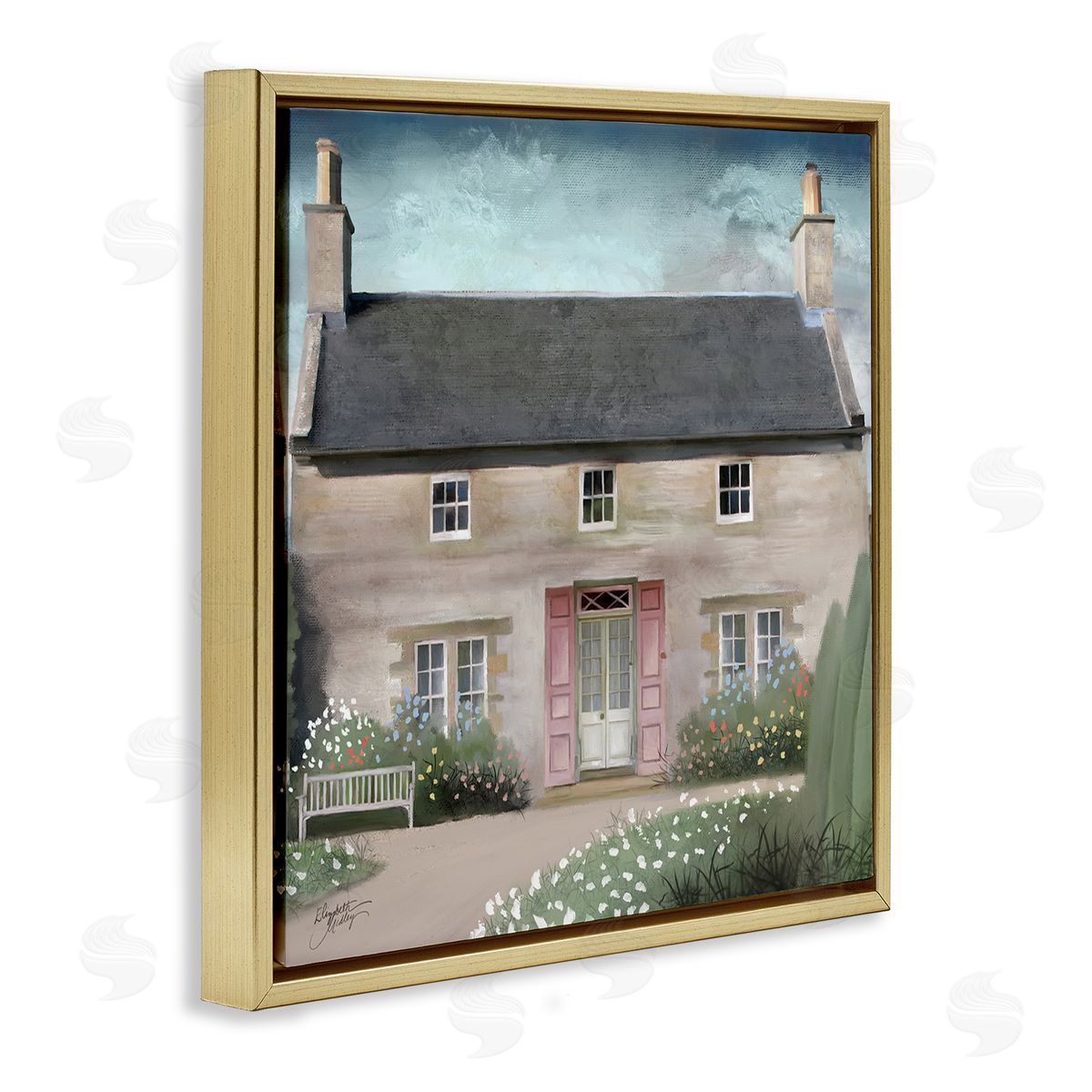 Elizabeth Medley Peaceful Rural Cottage House Blooming Flower Buds  Gold Floating Frame Canvas Wall Art Print