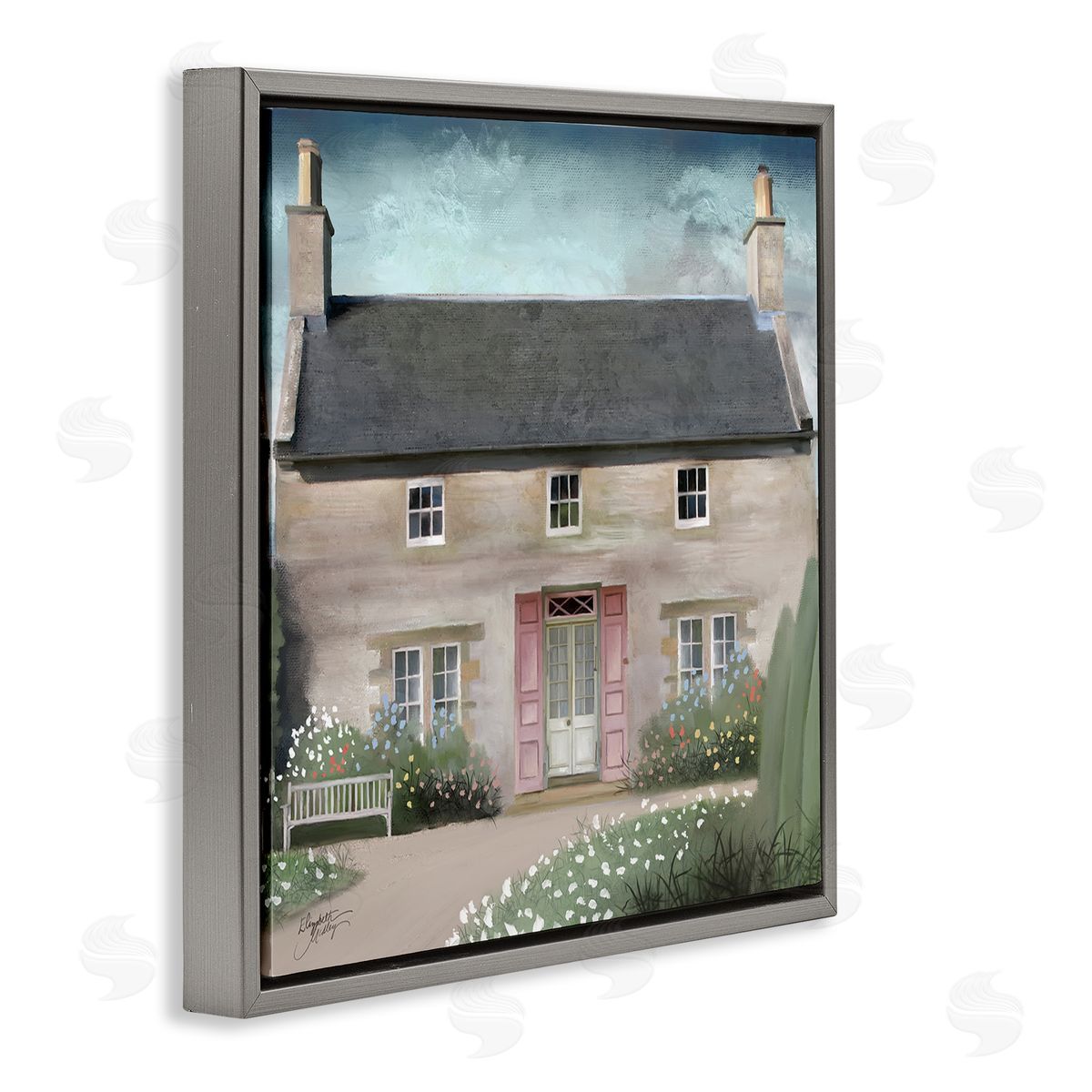 Elizabeth Medley Peaceful Rural Cottage House Blooming Flower Buds  Gray Floating Frame Canvas Wall Art Print