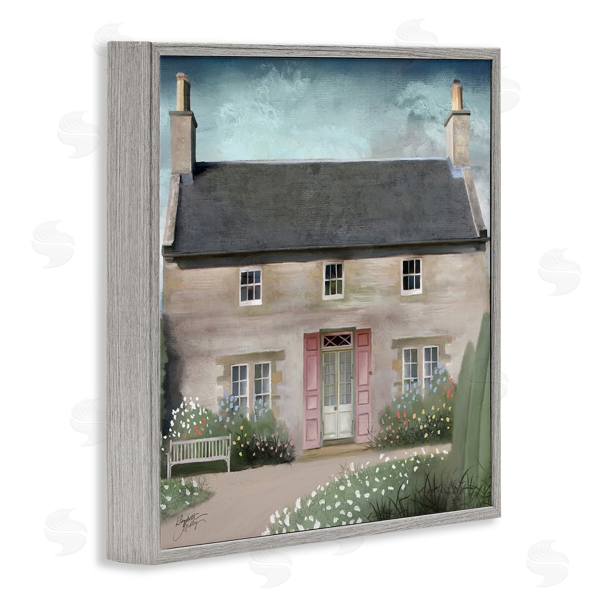 Elizabeth Medley Peaceful Rural Cottage House Blooming Flower Buds  Gray Framed Glicee Wall Art Print