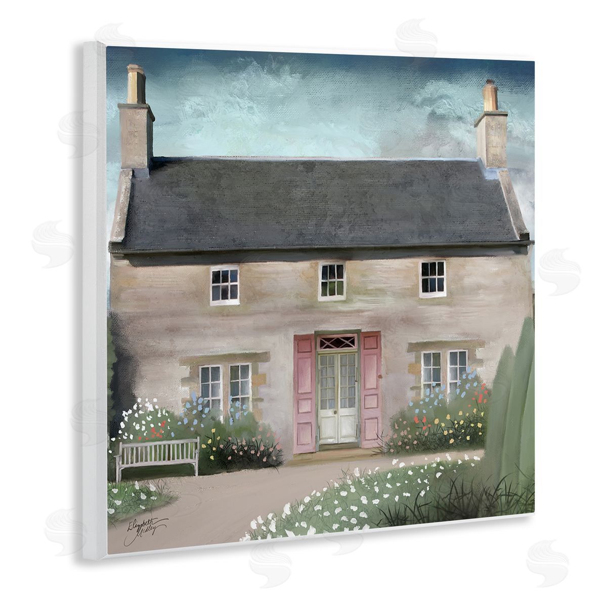 Elizabeth Medley Peaceful Rural Cottage House Blooming Flower Buds  Wooden Wall Plaque Art Print