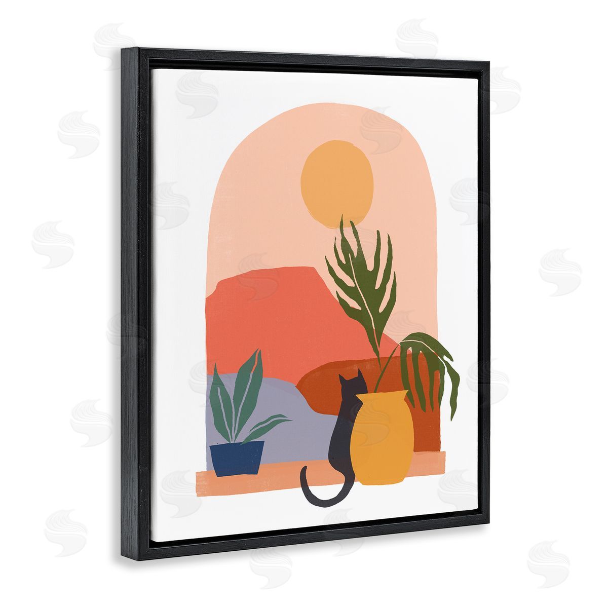 June Erica Vess Cat Watching Desert Dunes Modern Window View  Black Floating Frame Canvas Wall Art Print