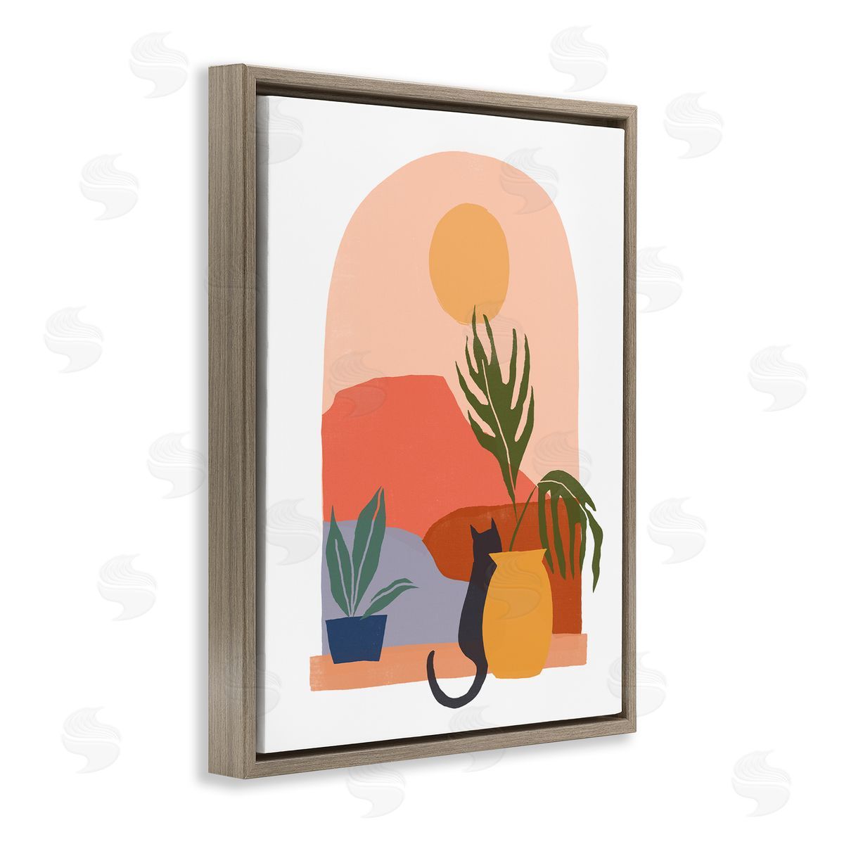 June Erica Vess Cat Watching Desert Dunes Modern Window View  Brown Floating Frame Canvas Wall Art Print