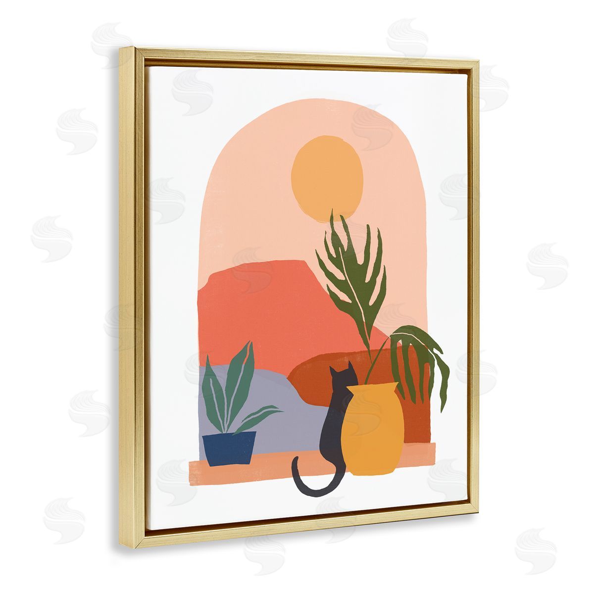 June Erica Vess Cat Watching Desert Dunes Modern Window View  Gold Floating Frame Canvas Wall Art Print