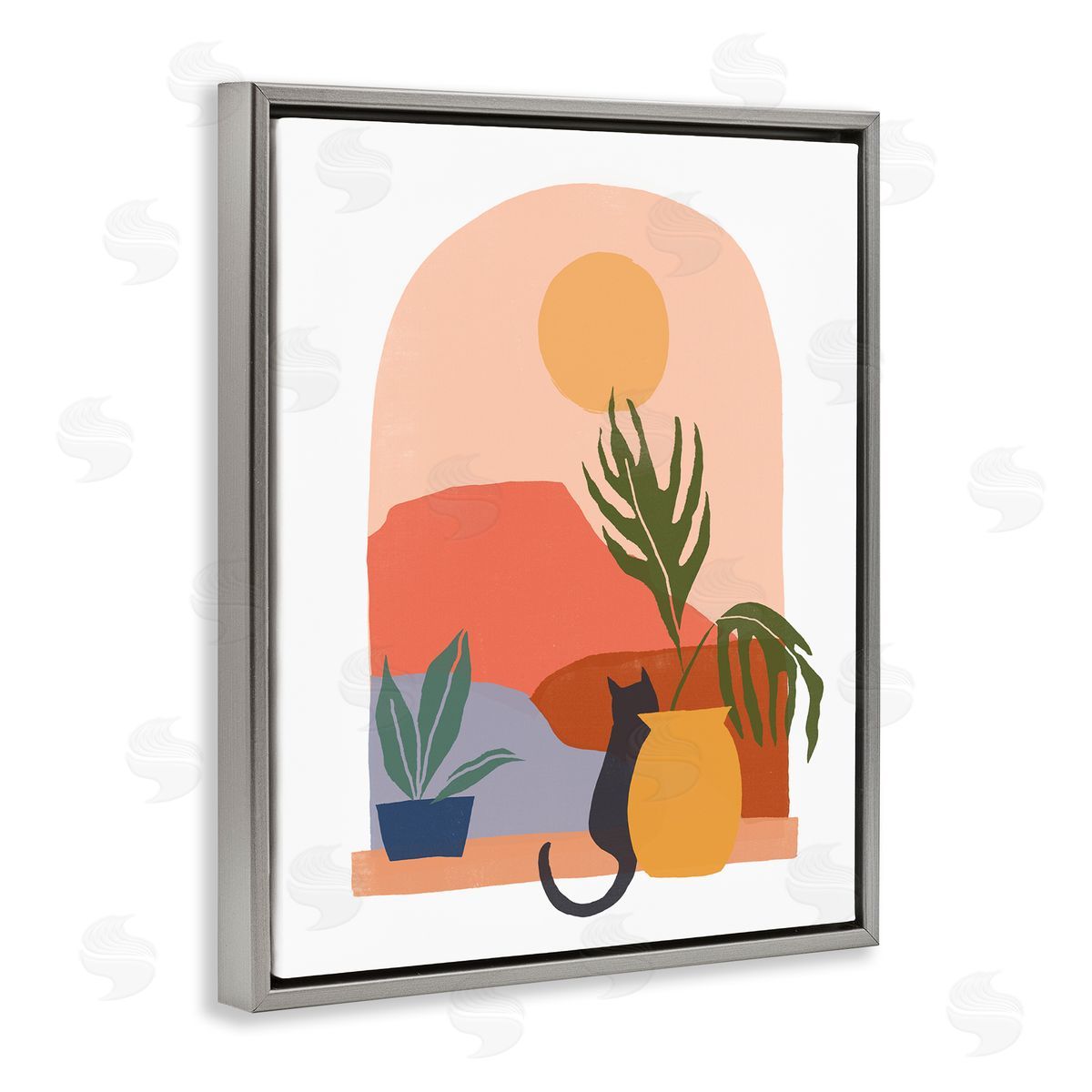 June Erica Vess Cat Watching Desert Dunes Modern Window View  Gray Floating Frame Canvas Wall Art Print