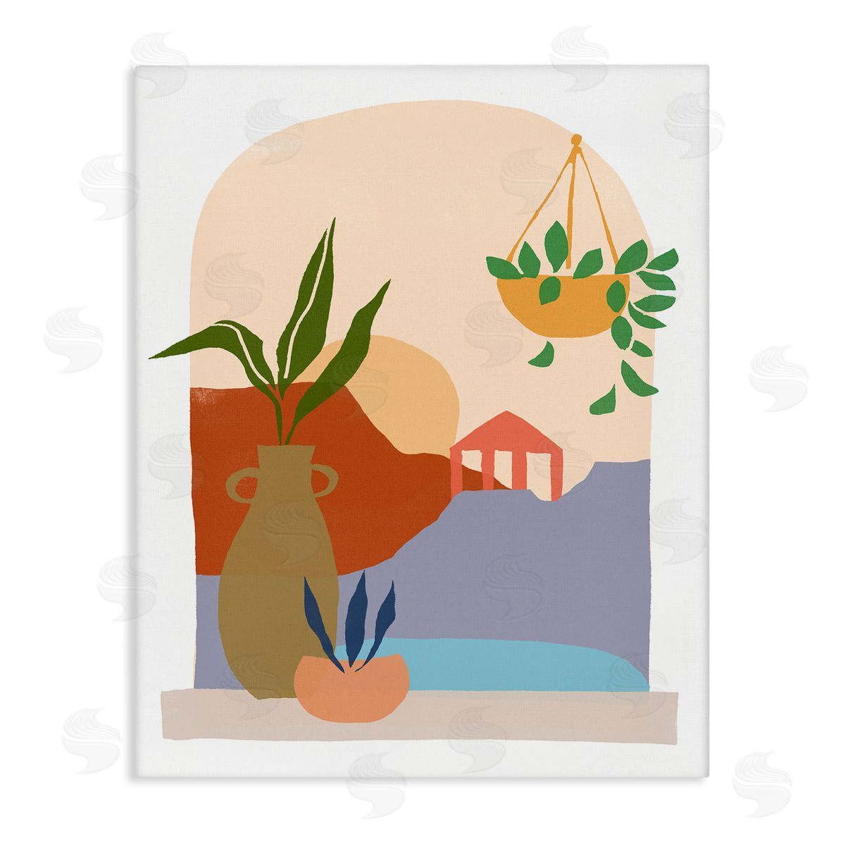 June Erica Vess Bold Hanging Potted Plants Windowsill Landscape Scene Stretched Canvas Wall Art Print