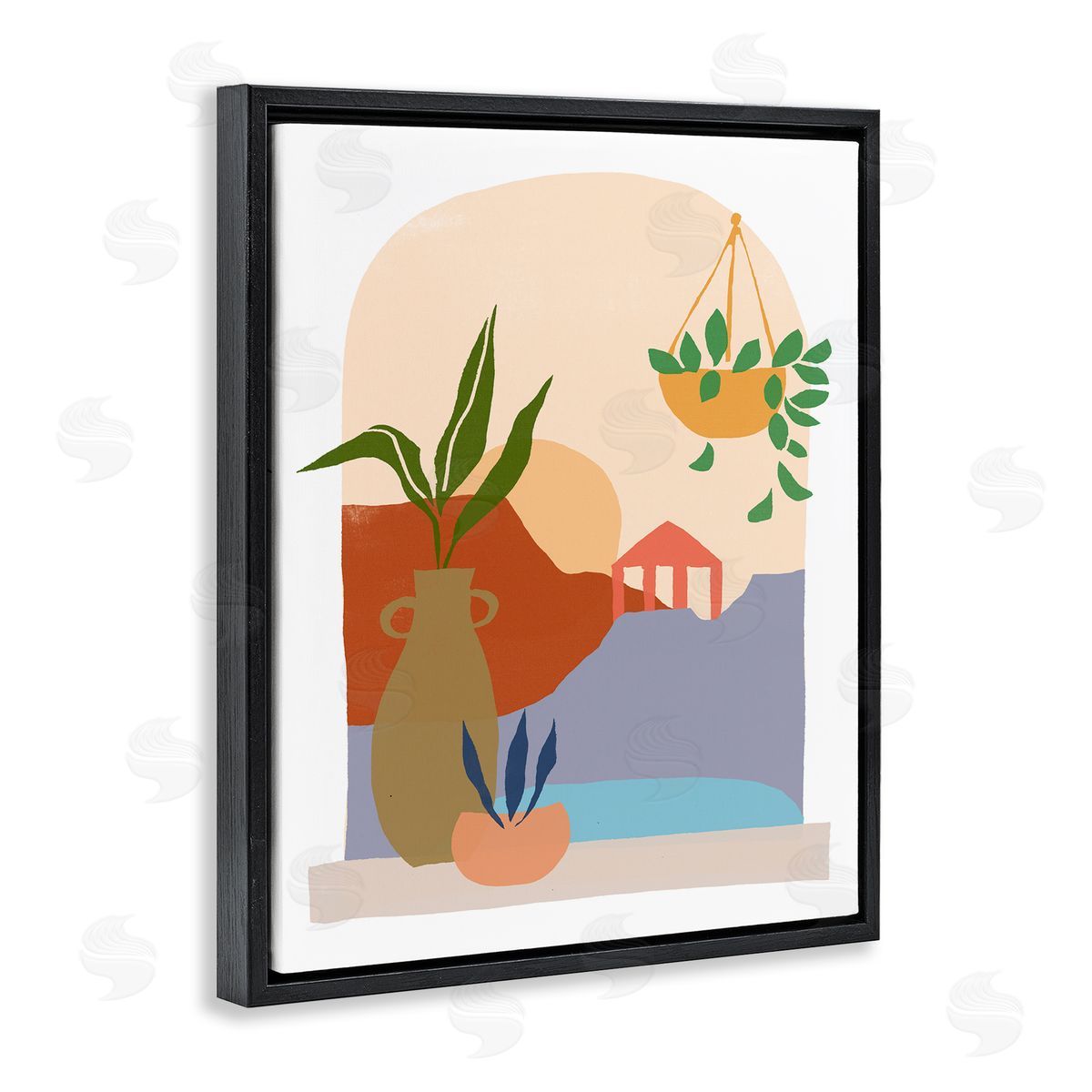 June Erica Vess Bold Hanging Potted Plants Windowsill Landscape Scene Black Floating Frame Canvas Wall Art Print
