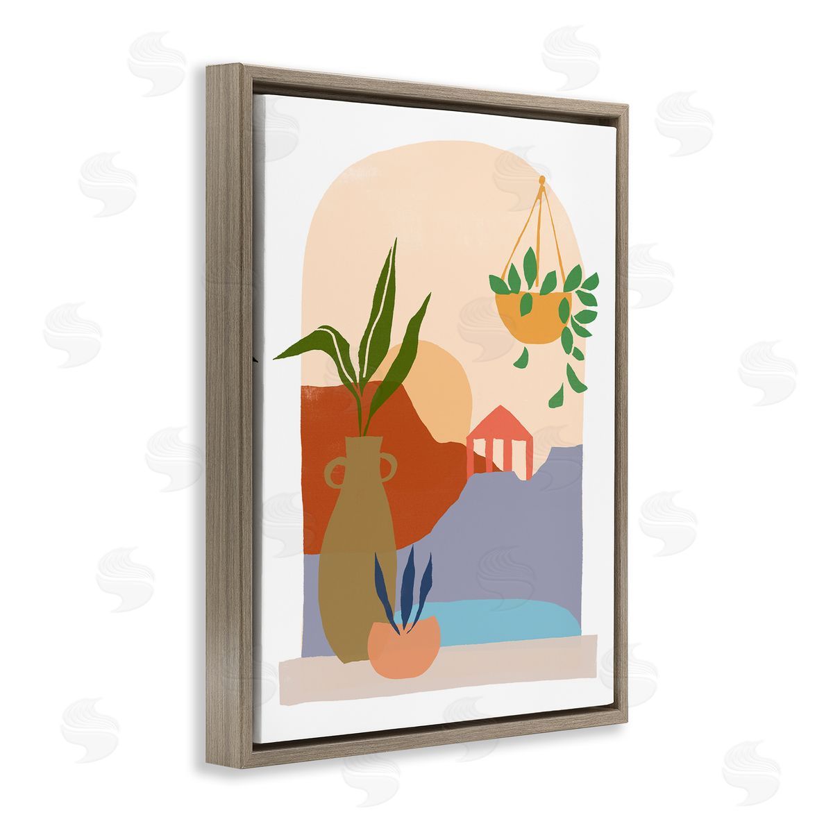 June Erica Vess Bold Hanging Potted Plants Windowsill Landscape Scene Brown Floating Frame Canvas Wall Art Print