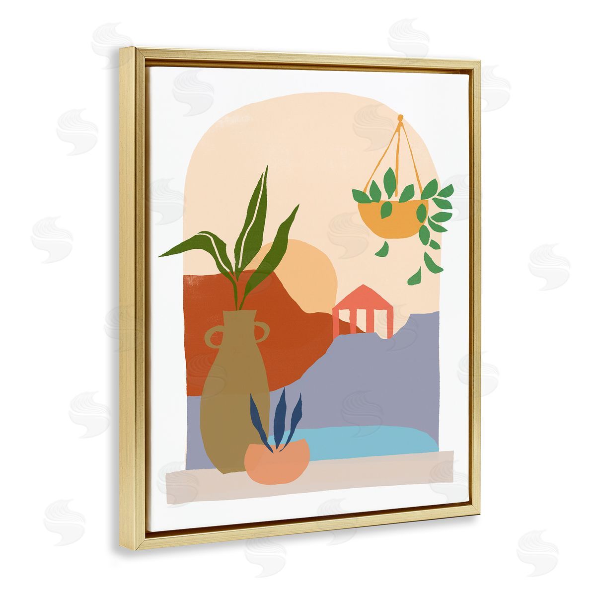 June Erica Vess Bold Hanging Potted Plants Windowsill Landscape Scene Gold Floating Frame Canvas Wall Art Print