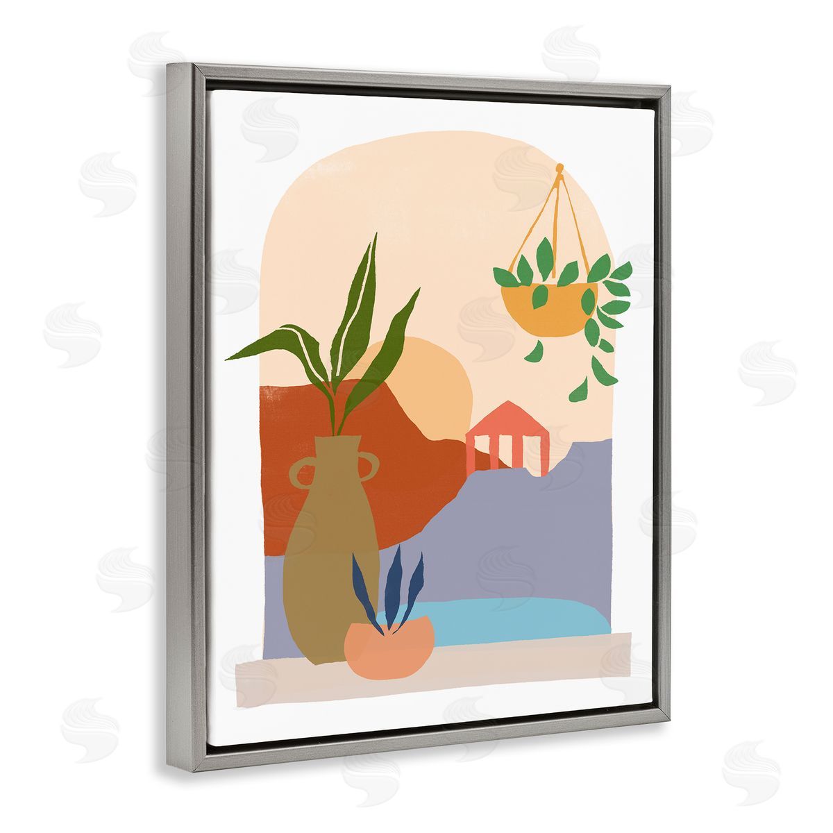 June Erica Vess Bold Hanging Potted Plants Windowsill Landscape Scene Gray Floating Frame Canvas Wall Art Print