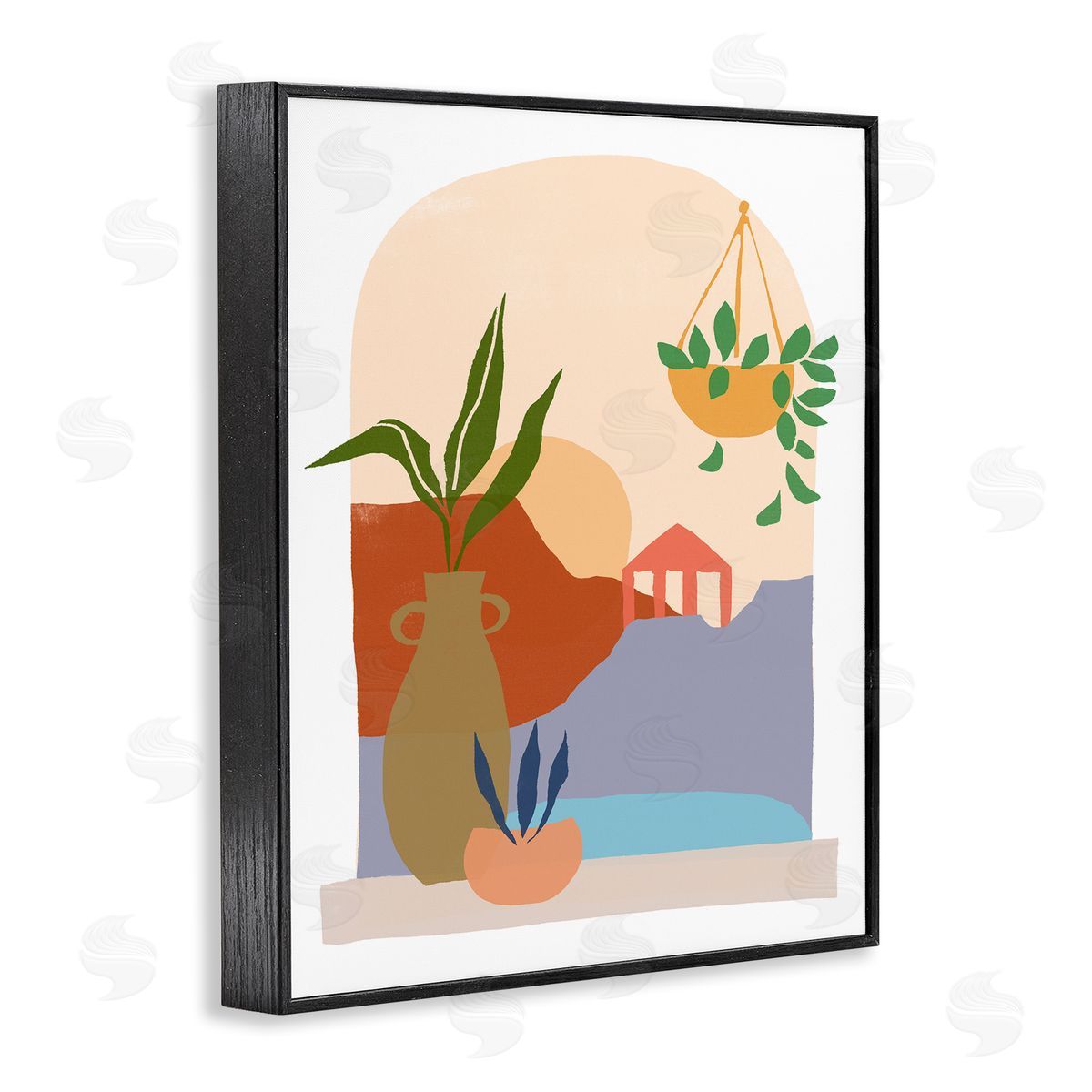 June Erica Vess Bold Hanging Potted Plants Windowsill Landscape Scene Black Framed Giclee Wall Art Print