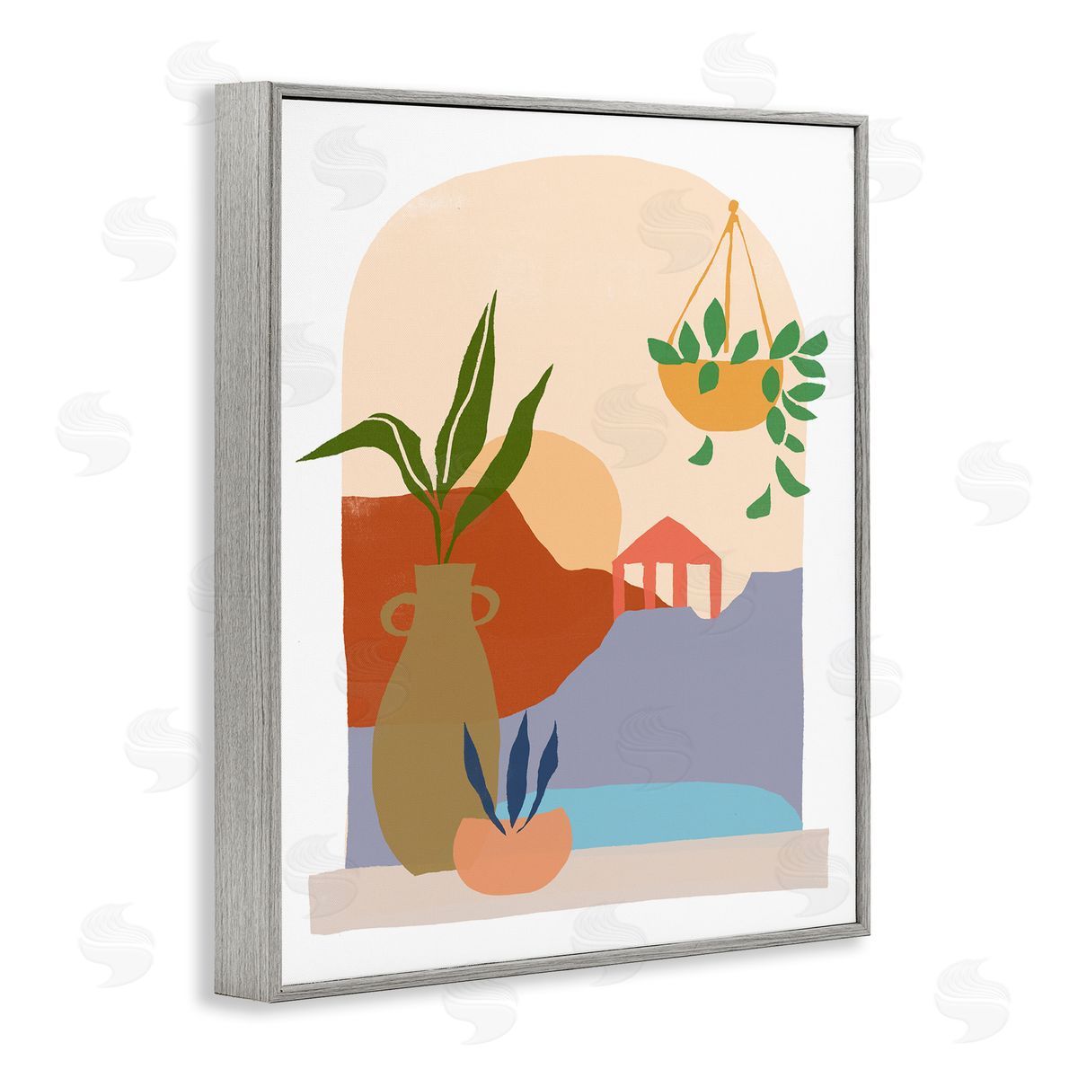 June Erica Vess Bold Hanging Potted Plants Windowsill Landscape Scene Gray Framed Giclee Wall Art Print