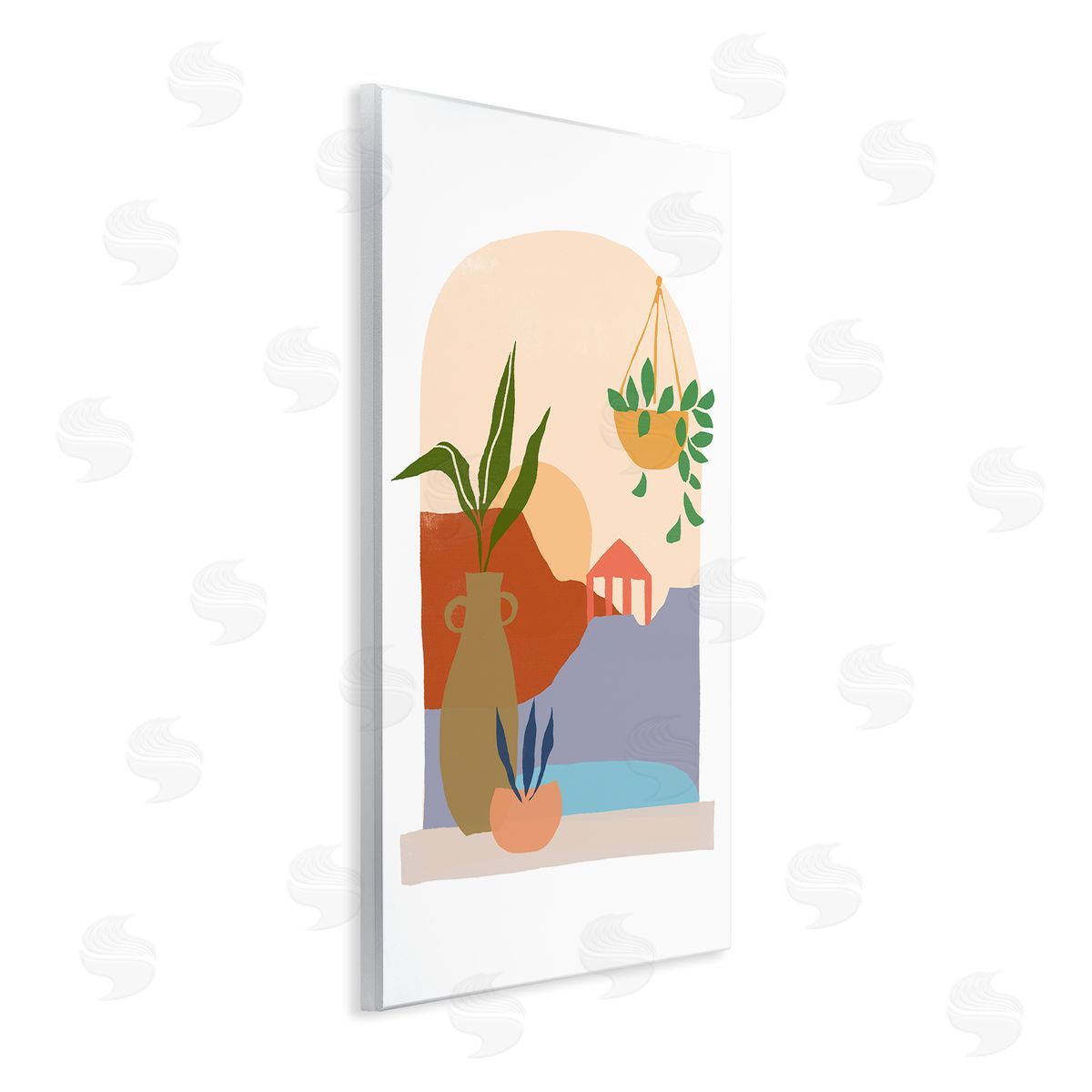 June Erica Vess Bold Hanging Potted Plants Windowsill Landscape Scene Wall Plaque Art Print